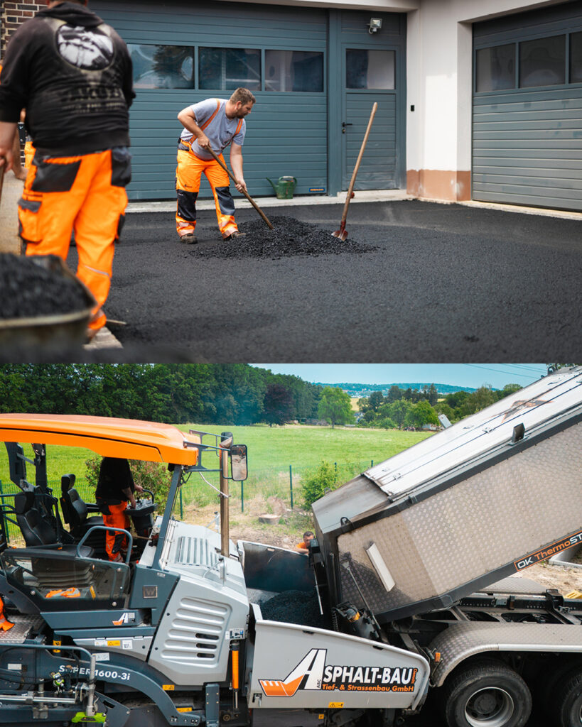 Zweiteilige Ansicht des Straßenbaus: Oben verteilen Bauarbeiter mit Schaufeln heißes Mischgut, unten wird das Material von einem LKW in den Vögele SUPER 1600-3i Fertiger gekippt.