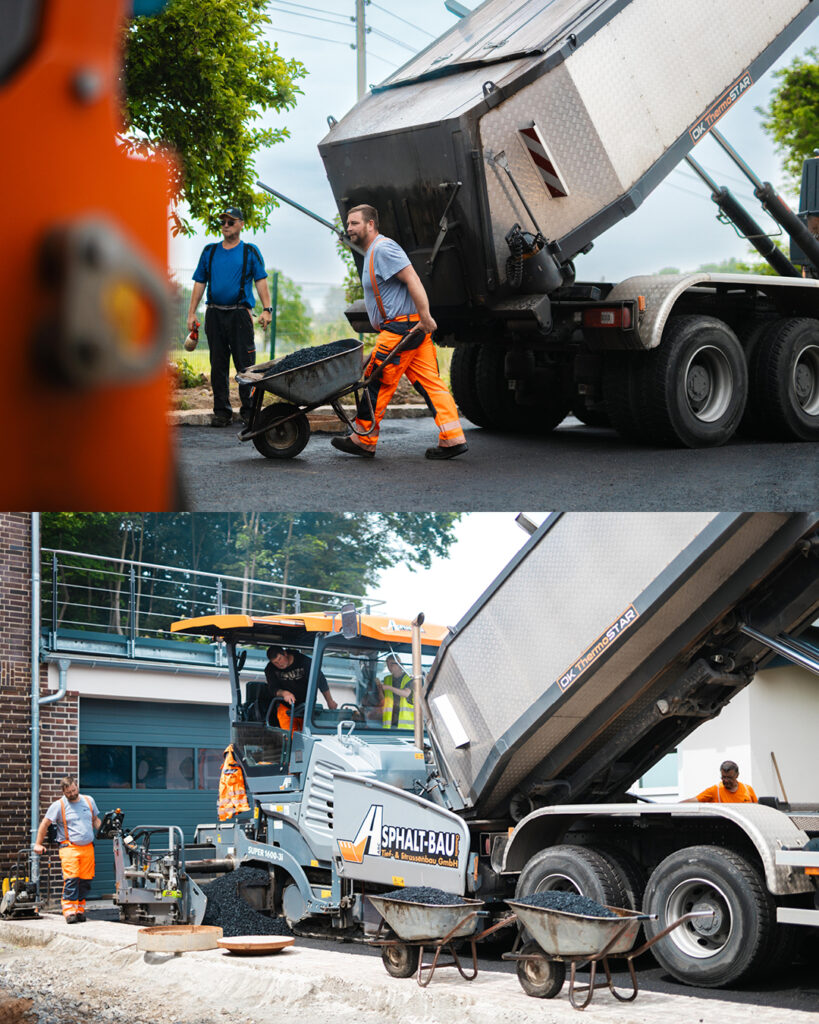 Zweiteilige Fotoreihe von Straßenbauarbeiten: Oben transportiert ein Bauarbeiter Asphalt in einer Schubkarre, unten kippt ein LKW frisches Mischgut in einen Vögele Fertiger.