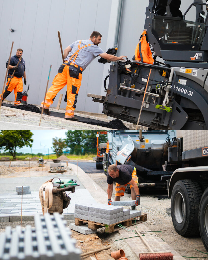 Zweiteilige Collage: Oben nivelliert ein Bauarbeiter den heißen Asphalt am Fertiger, unten pflastert ein Kollege eine Fläche mit Betonsteinen.
