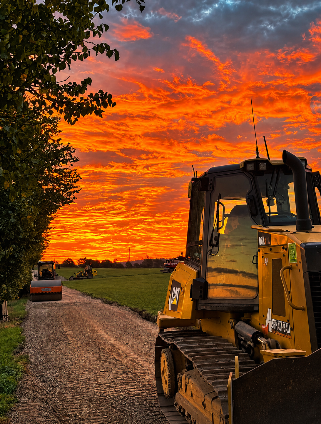 CAT-Raupe und Baustellenfahrzeuge auf einem Feldweg bei intensiv leuchtendem, orange-rotem Sonnenuntergang